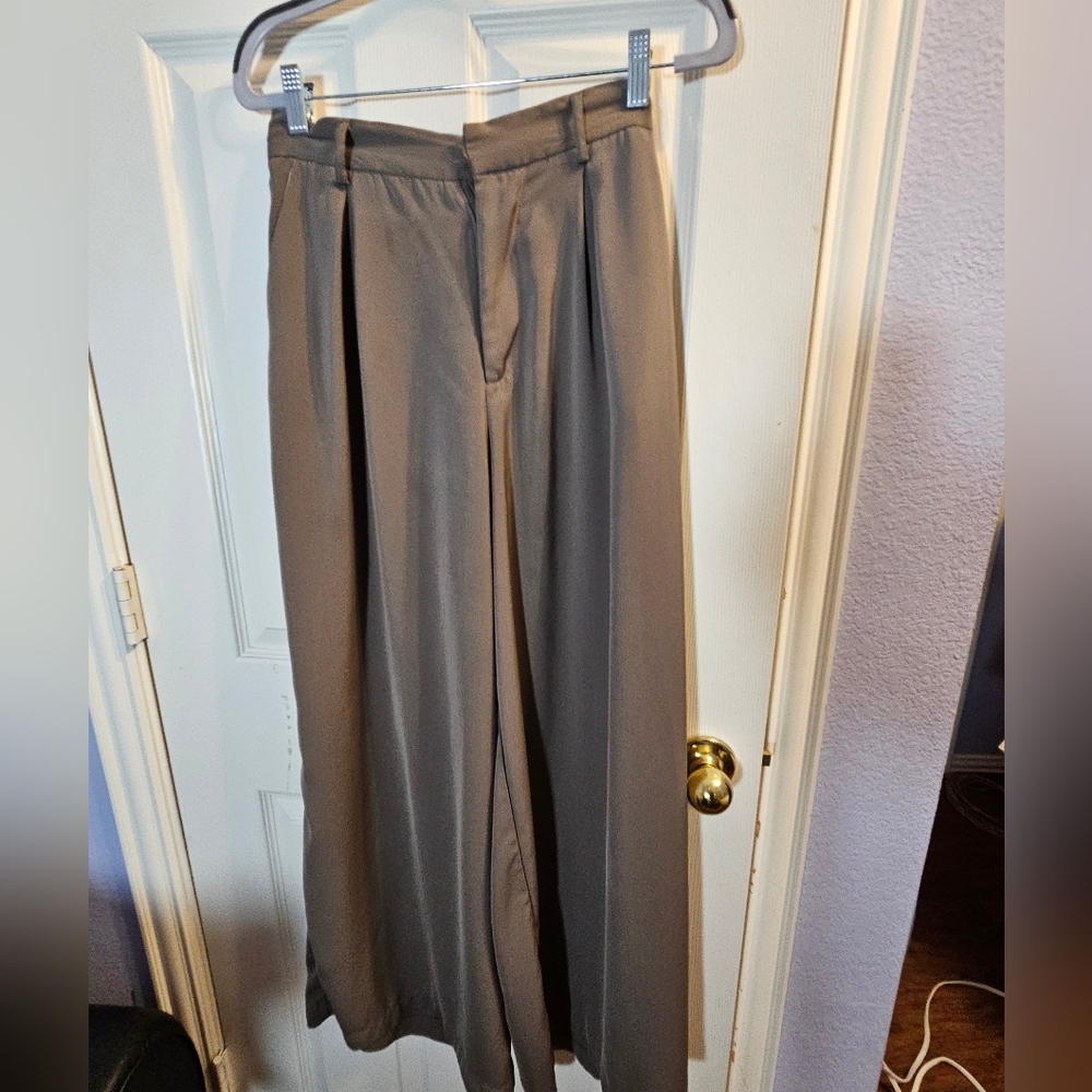Tan Dress Pants with Wide-Leg Design and Pleated Front - Picture 2 of 15